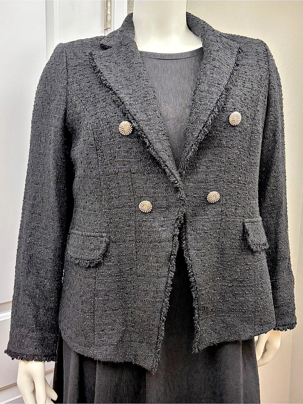 Marina Rinaldi Rhinestone Button Fringed Tweed Jacket Black w/Metallic Silver 18